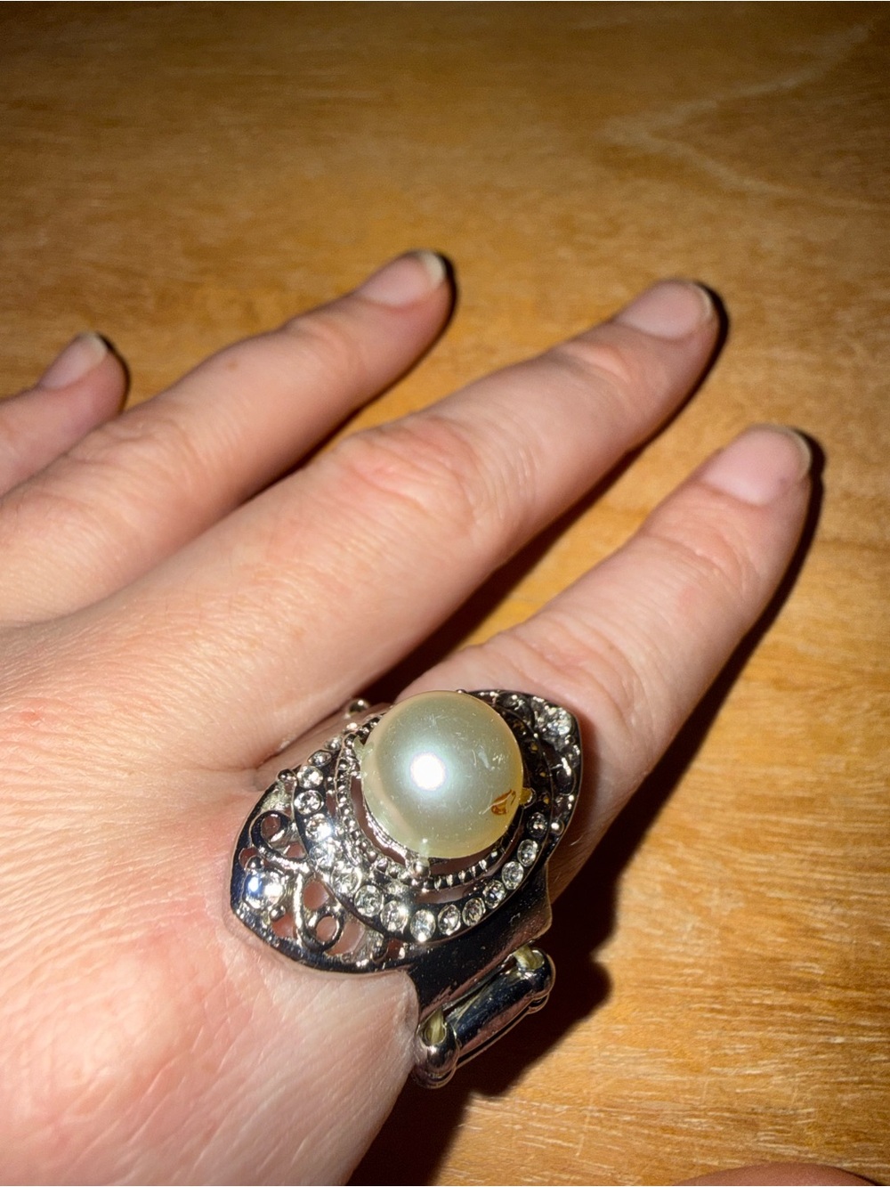 Statement Pearl and Crystal Ring - Silver Tone - Picture 2 of 4